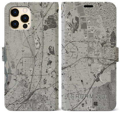 【さがみ野（神奈川県）】地図柄iPhoneケース（手帳タイプ）モノトーン・iPhone 12 Pro Max 用
