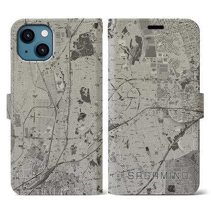 【さがみ野（神奈川県）】地図柄iPhoneケース（手帳タイプ）モノトーン・iPhone 13 用