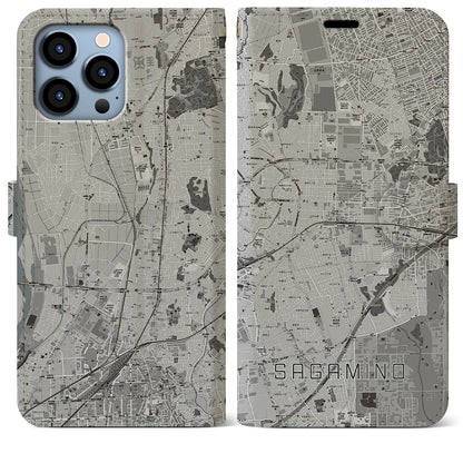 【さがみ野（神奈川県）】地図柄iPhoneケース（手帳タイプ）モノトーン・iPhone 13 Pro Max 用