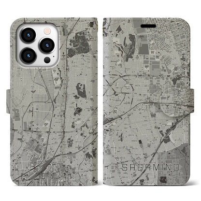 【さがみ野（神奈川県）】地図柄iPhoneケース（手帳タイプ）モノトーン・iPhone 13 Pro 用