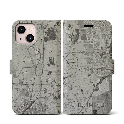 【さがみ野（神奈川県）】地図柄iPhoneケース（手帳タイプ）モノトーン・iPhone 13 mini 用