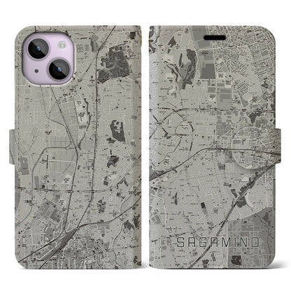 【さがみ野（神奈川県）】地図柄iPhoneケース（手帳タイプ）モノトーン・iPhone 14 用