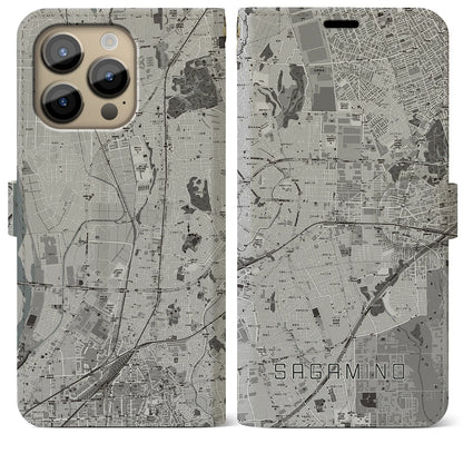 【さがみ野（神奈川県）】地図柄iPhoneケース（手帳タイプ）モノトーン・iPhone 14 Pro Max 用