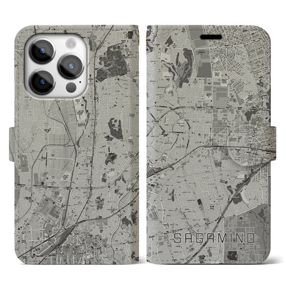 【さがみ野（神奈川県）】地図柄iPhoneケース（手帳タイプ）モノトーン・iPhone 14 Pro 用