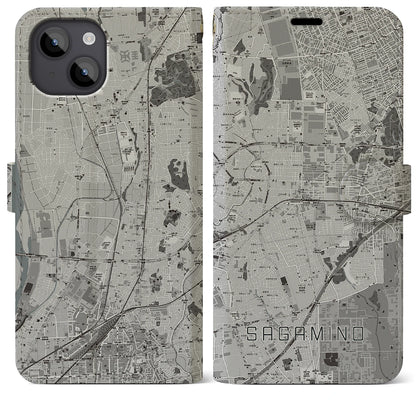 【さがみ野（神奈川県）】地図柄iPhoneケース（手帳タイプ）モノトーン・iPhone 14 Plus 用