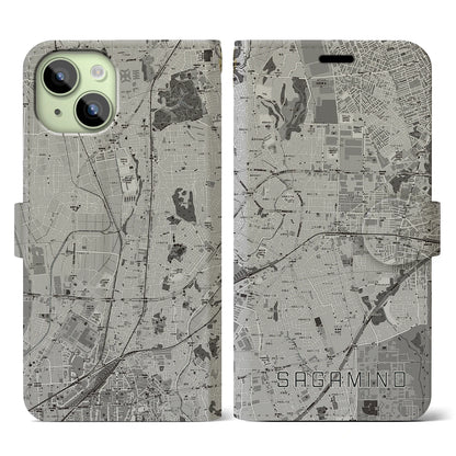 【さがみ野（神奈川県）】地図柄iPhoneケース（手帳タイプ）モノトーン・iPhone 15 用