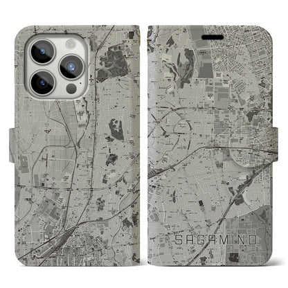 【さがみ野（神奈川県）】地図柄iPhoneケース（手帳タイプ）モノトーン・iPhone 15 Pro 用