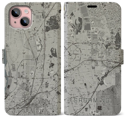 【さがみ野（神奈川県）】地図柄iPhoneケース（手帳タイプ）モノトーン・iPhone 15 Plus 用