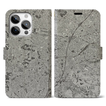 【鷺沼（神奈川県）】地図柄iPhoneケース（手帳タイプ）モノトーン・iPhone 14 Pro 用