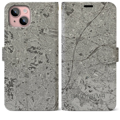 【鷺沼（神奈川県）】地図柄iPhoneケース（手帳タイプ）モノトーン・iPhone 15 Plus 用