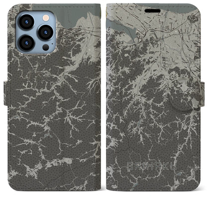 【西伯（鳥取県）】地図柄iPhoneケース（手帳タイプ）モノトーン・iPhone 13 Pro Max 用