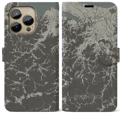 【西伯（鳥取県）】地図柄iPhoneケース（手帳タイプ）モノトーン・iPhone 14 Pro Max 用