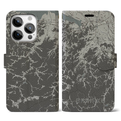 【西伯（鳥取県）】地図柄iPhoneケース（手帳タイプ）モノトーン・iPhone 14 Pro 用