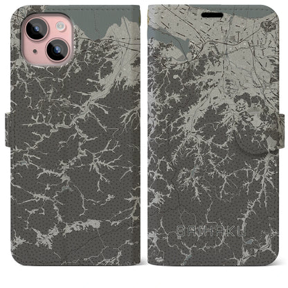 【西伯（鳥取県）】地図柄iPhoneケース（手帳タイプ）モノトーン・iPhone 15 Plus 用