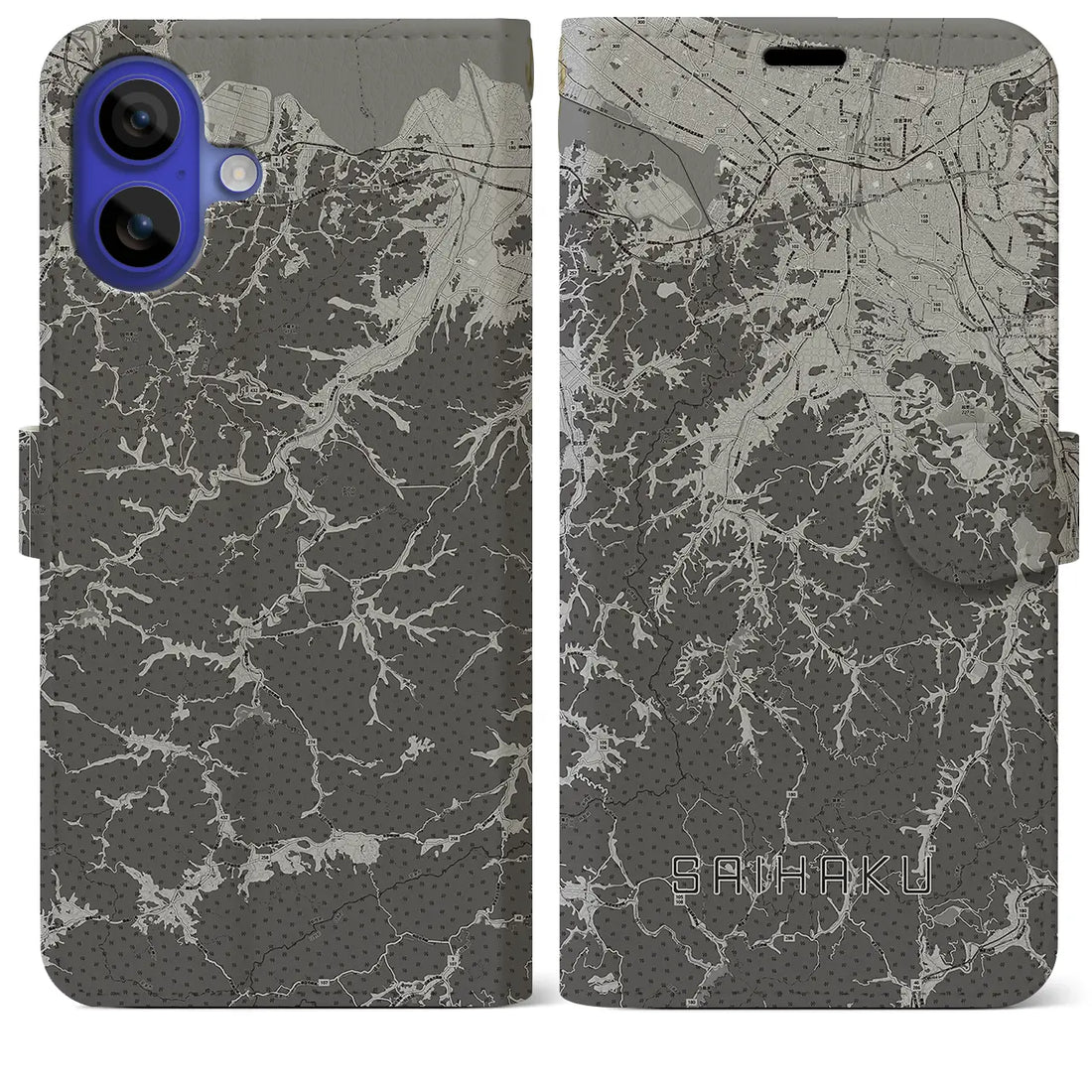 【西伯(鳥取県)】地図柄iPhoneケース(手帳タイプ)モノトーン・iPhone 16 Pro Max 用