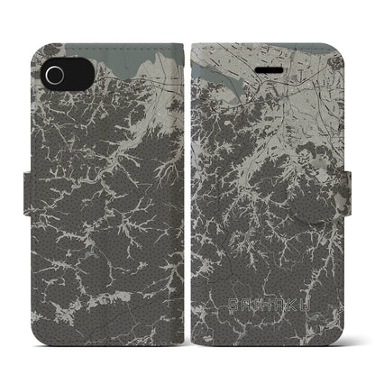 【西伯（鳥取県）】地図柄iPhoneケース（手帳タイプ）モノトーン・iPhone SE（第3 / 第2世代） / 8 / 7 / 6s / 6 用