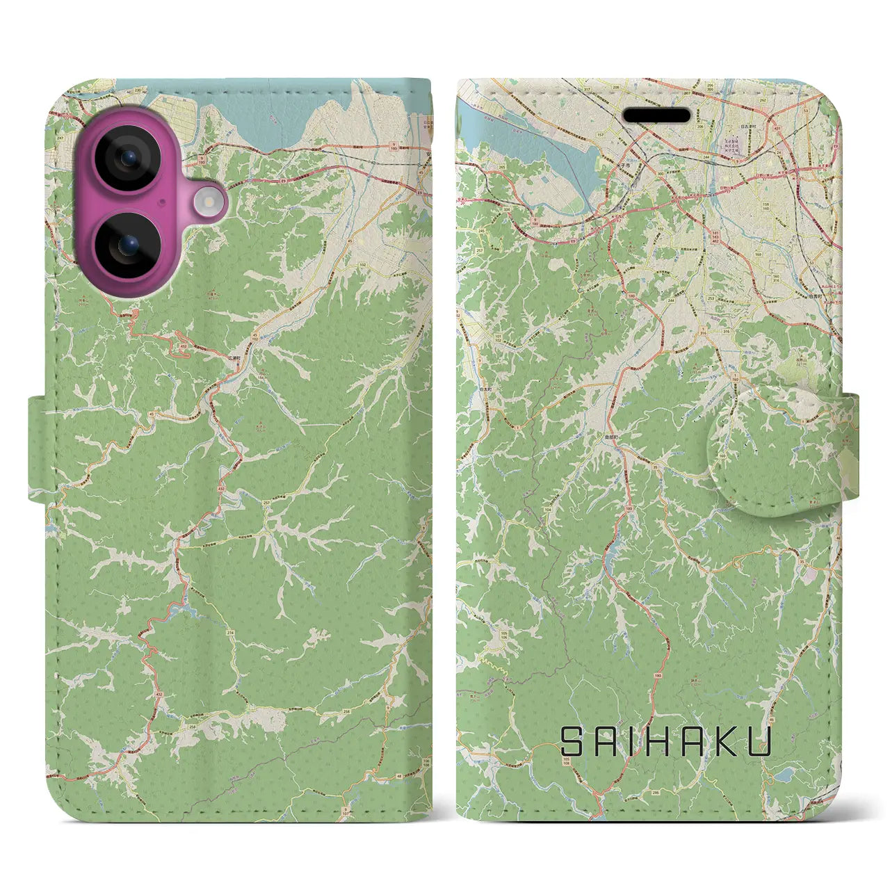 【西伯（鳥取県）】地図柄iPhoneケース（手帳タイプ）ナチュラル・iPhone 16 Pro 用