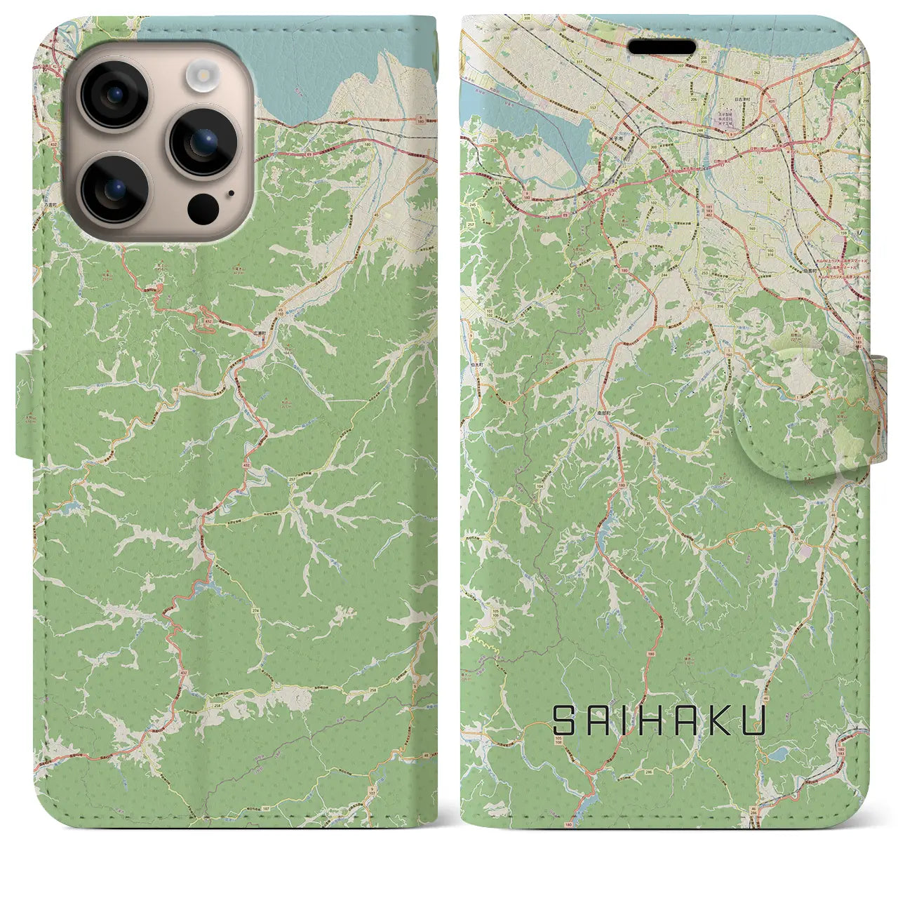 【西伯（鳥取県）】地図柄iPhoneケース（手帳タイプ）ナチュラル・iPhone 16 Plus 用