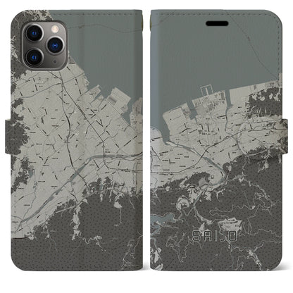 【西条（愛媛県）】地図柄iPhoneケース（手帳タイプ）モノトーン・iPhone 11 Pro Max 用