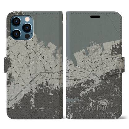 【西条（愛媛県）】地図柄iPhoneケース（手帳タイプ）モノトーン・iPhone 12 / 12 Pro 用