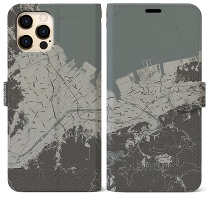 【西条（愛媛県）】地図柄iPhoneケース（手帳タイプ）モノトーン・iPhone 12 Pro Max 用