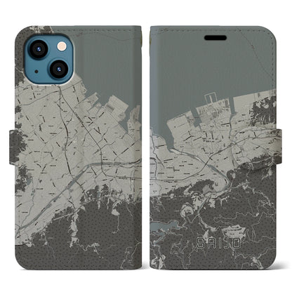 【西条（愛媛県）】地図柄iPhoneケース（手帳タイプ）モノトーン・iPhone 13 用