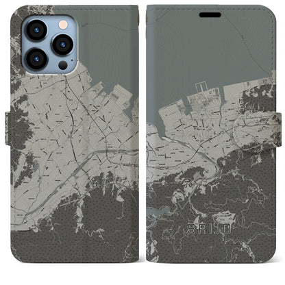 【西条（愛媛県）】地図柄iPhoneケース（手帳タイプ）モノトーン・iPhone 13 Pro Max 用