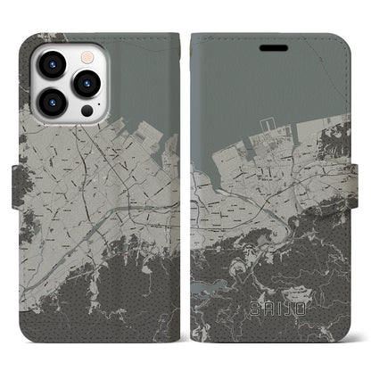 【西条（愛媛県）】地図柄iPhoneケース（手帳タイプ）モノトーン・iPhone 13 Pro 用