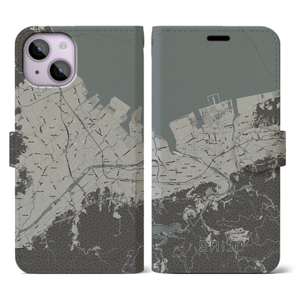 【西条（愛媛県）】地図柄iPhoneケース（手帳タイプ）モノトーン・iPhone 14 用