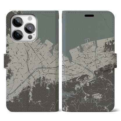 【西条（愛媛県）】地図柄iPhoneケース（手帳タイプ）モノトーン・iPhone 14 Pro 用