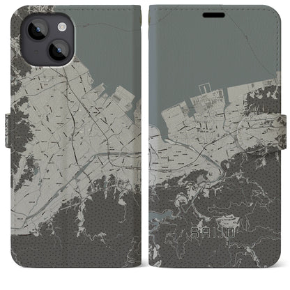 【西条（愛媛県）】地図柄iPhoneケース（手帳タイプ）モノトーン・iPhone 14 Plus 用