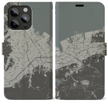 【西条（愛媛県）】地図柄iPhoneケース（手帳タイプ）モノトーン・iPhone 15 Pro Max 用