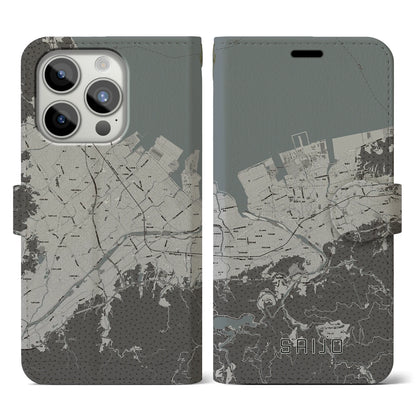 【西条（愛媛県）】地図柄iPhoneケース（手帳タイプ）モノトーン・iPhone 15 Pro 用