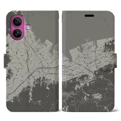 【西条（愛媛県）】地図柄iPhoneケース（手帳タイプ）モノトーン・iPhone 16 Pro 用