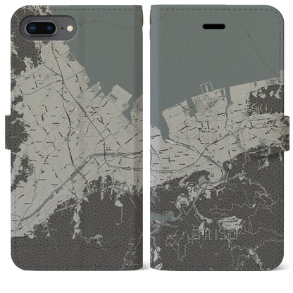 【西条（愛媛県）】地図柄iPhoneケース（手帳タイプ）モノトーン・iPhone 8Plus /7Plus / 6sPlus / 6Plus 用