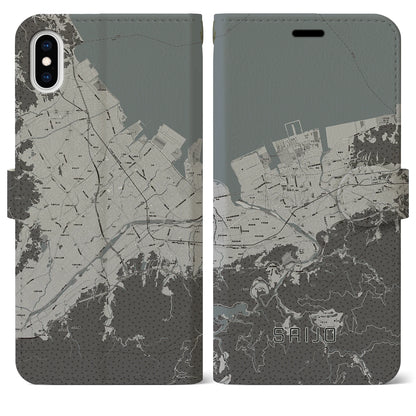 【西条（愛媛県）】地図柄iPhoneケース（手帳タイプ）モノトーン・iPhone XS Max 用