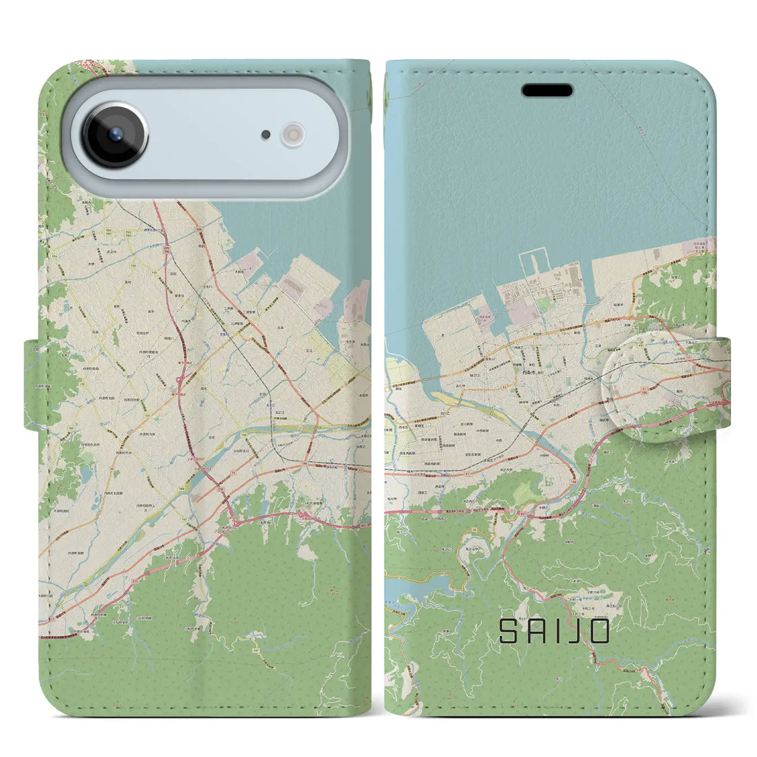 【西条（愛媛県）】地図柄iPhoneケース（手帳タイプ）ナチュラル・iPhone 17 Pro Max 用