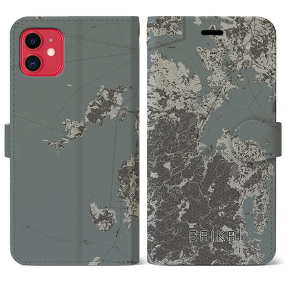 【西海（長崎県）】地図柄iPhoneケース（手帳タイプ）モノトーン・iPhone 11 用