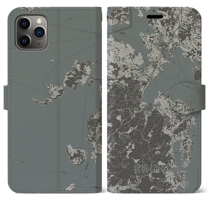 【西海（長崎県）】地図柄iPhoneケース（手帳タイプ）モノトーン・iPhone 11 Pro Max 用