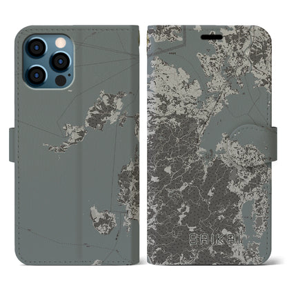 【西海（長崎県）】地図柄iPhoneケース（手帳タイプ）モノトーン・iPhone 12 / 12 Pro 用