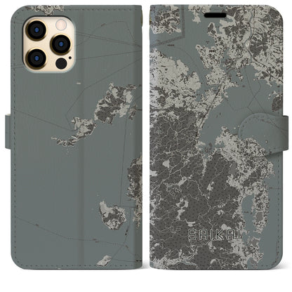 【西海（長崎県）】地図柄iPhoneケース（手帳タイプ）モノトーン・iPhone 12 Pro Max 用