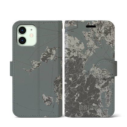 【西海（長崎県）】地図柄iPhoneケース（手帳タイプ）モノトーン・iPhone 12 mini 用