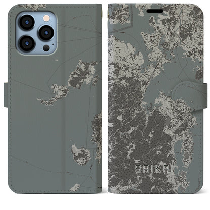 【西海（長崎県）】地図柄iPhoneケース（手帳タイプ）モノトーン・iPhone 13 Pro Max 用