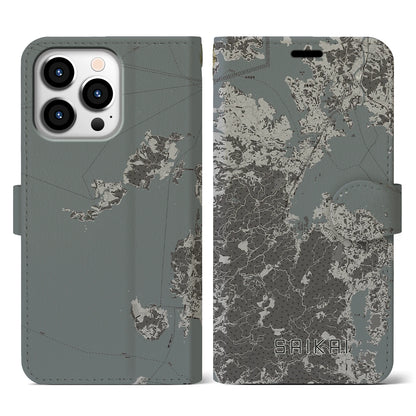 【西海（長崎県）】地図柄iPhoneケース（手帳タイプ）モノトーン・iPhone 13 Pro 用