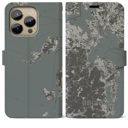 【西海（長崎県）】地図柄iPhoneケース（手帳タイプ）モノトーン・iPhone 14 Pro Max 用