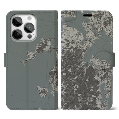 【西海（長崎県）】地図柄iPhoneケース（手帳タイプ）モノトーン・iPhone 14 Pro 用