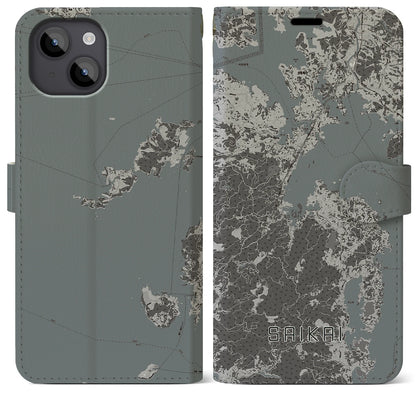 【西海（長崎県）】地図柄iPhoneケース（手帳タイプ）モノトーン・iPhone 14 Plus 用