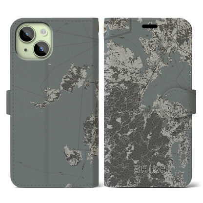 【西海（長崎県）】地図柄iPhoneケース（手帳タイプ）モノトーン・iPhone 15 用