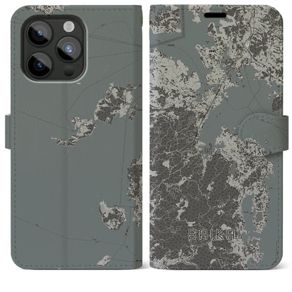 【西海（長崎県）】地図柄iPhoneケース（手帳タイプ）モノトーン・iPhone 15 Pro Max 用