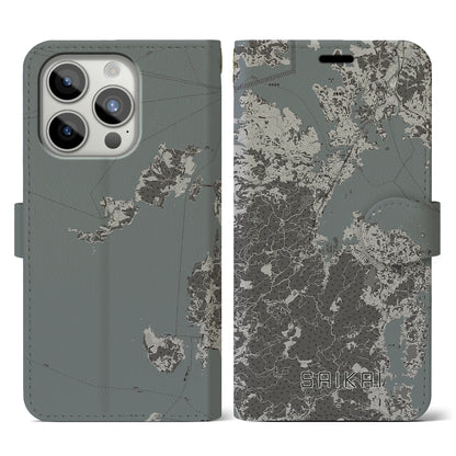 【西海（長崎県）】地図柄iPhoneケース（手帳タイプ）モノトーン・iPhone 15 Pro 用